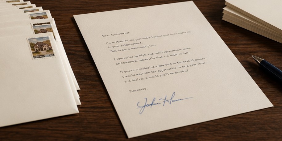 A hand-signed Landed Letter campaign letter on a desk, stamped envelopes lined up beside it.